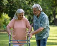 Senior man assisting elderly woman during a walk in the garden at Saral Satya Legacy senior living community